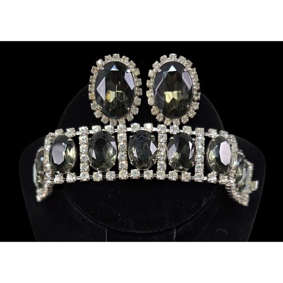 Vintage Smoke and Ice Crystal Rhinestone Bracelet & Earrings Set Oval - Picture 2 of 16